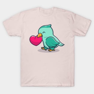 Cute Bird With Love Heart Cartoon T-Shirt